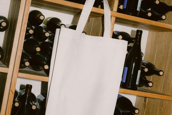 Canvas tote bag mockup hanging on a wooden wine rack, clean design, stylish presentation, high-quality texture, ideal for branding projects.