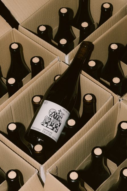 Bird's eye view of wine bottles nestled in kraft cardboard shipping boxes