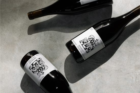 Wine bottles with artistic labels mockup on a textured surface, creating dynamic shadows, perfect for graphic designers to showcase label designs.