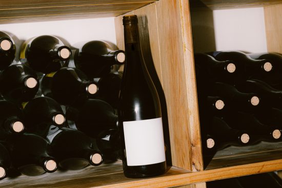 Mockup of blank wine bottle label on wooden rack with bottles for product branding designs, packaging templates, design assets.