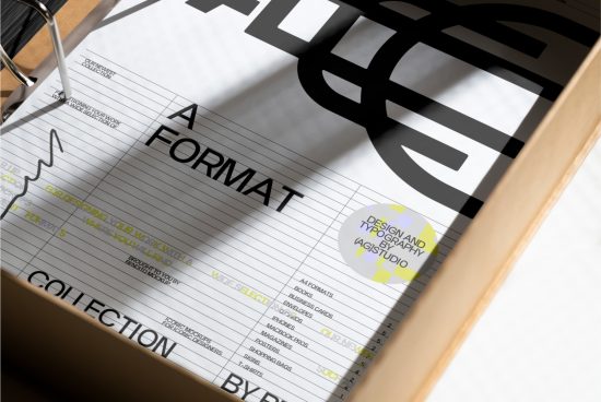 Creative A-format paper mockup on a clipboard showcasing typography and design elements, ideal for presentations and graphic design portfolio.