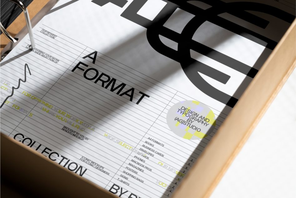 Stationery suite showing forms, cards, logo design, yellow highlights in wooden frame