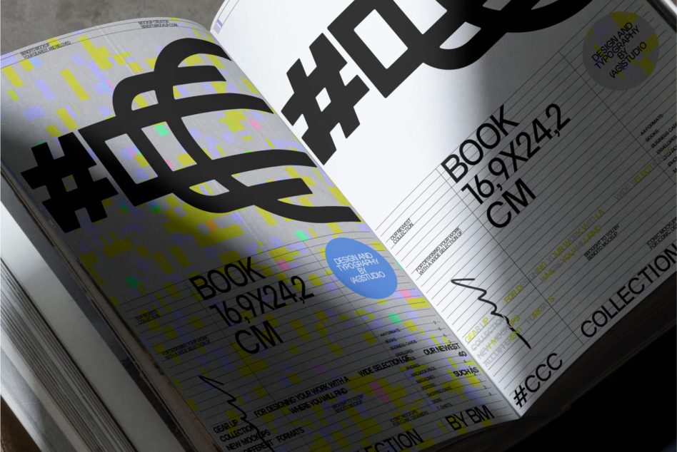 Open magazine spread showing bold black interlocking logo with yellow highlighter accents