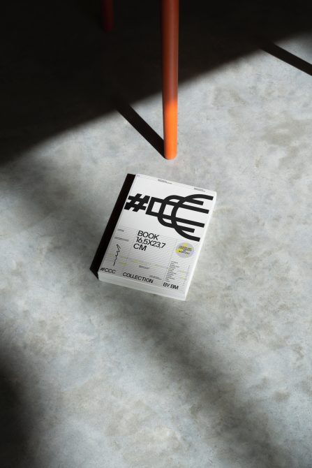 Elegant book mockup on a concrete floor with shadow play, displaying cover design and spine, ideal for design presentation.