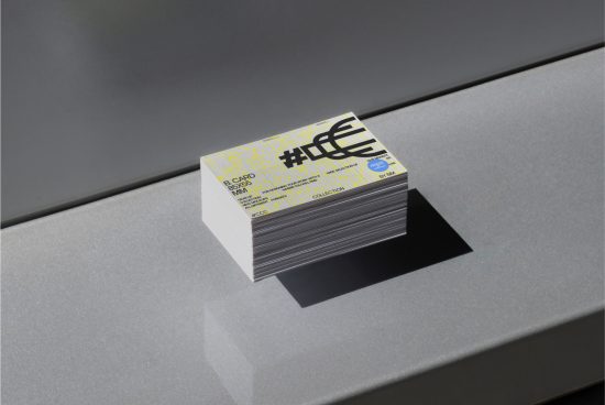 Stack of business cards with modern design on a metallic surface reflecting sunlight, ideal for mockup graphics in professional presentations.