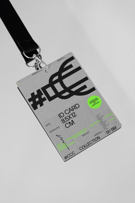 ID card mockup with lanyard, modern design, grayscale template with green accents, designers creativity showcase.