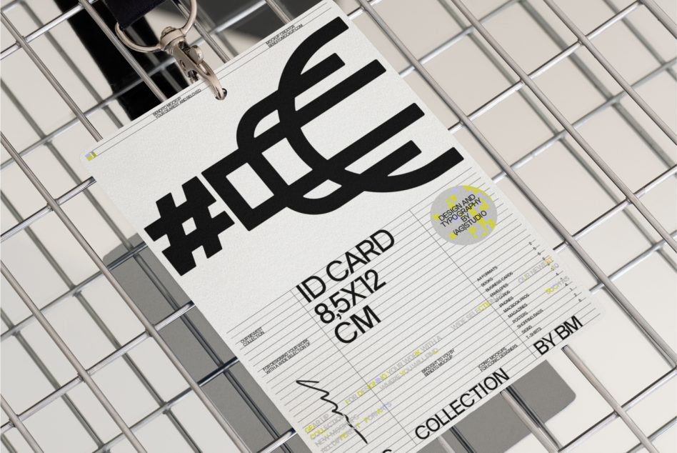ID card with bold hash symbol logo clipped to wire grid, yellow accents
