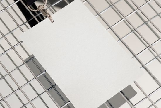 Blank white paper card mockup with metal clip, textured paper, on wire grid background, presentation design asset.