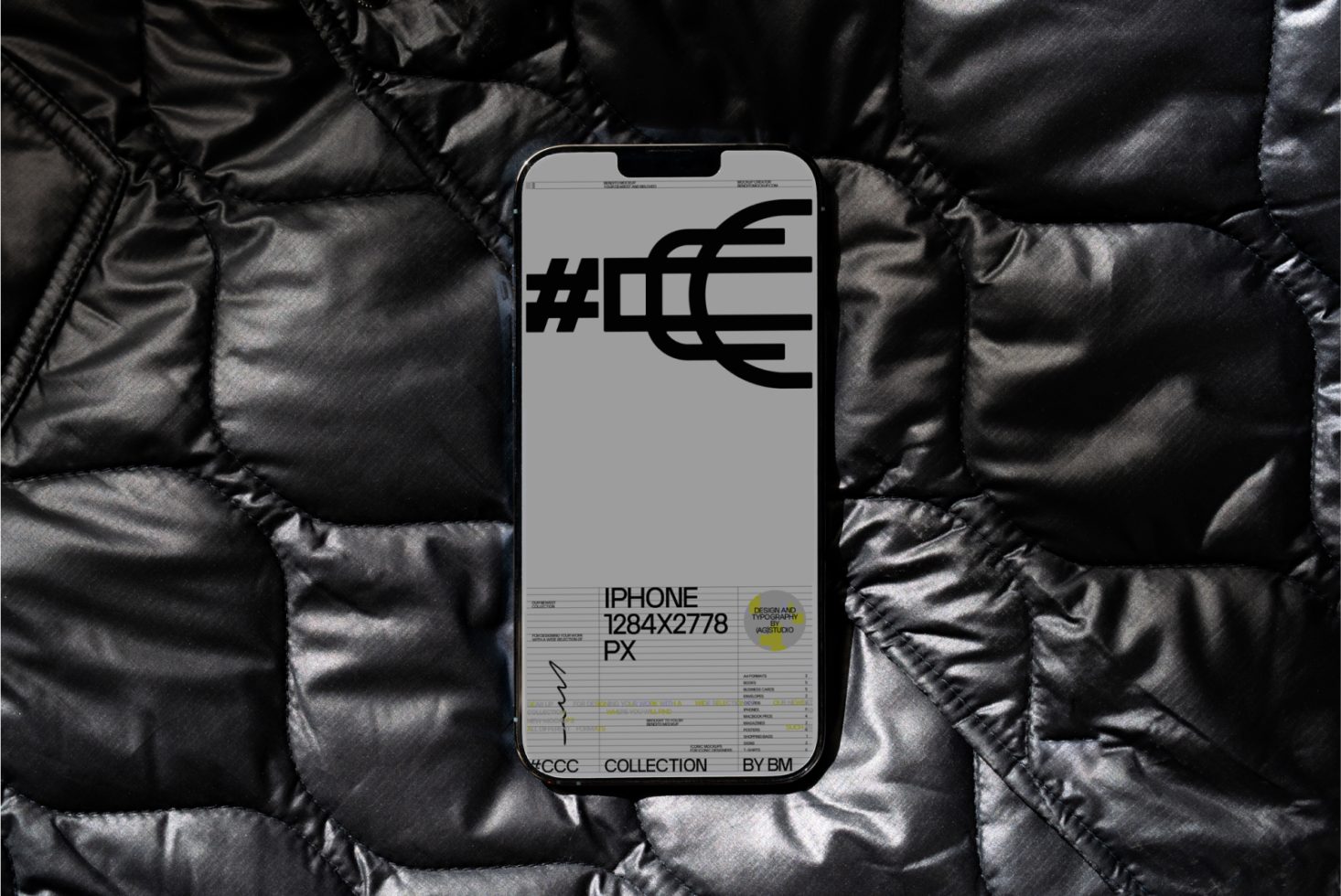 Smartphone screen mockup with graphic design overlay on a textured black quilted background, ideal for presenting app interfaces.