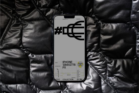 Smartphone screen mockup with graphic design overlay on a textured black quilted background, ideal for presenting app interfaces.