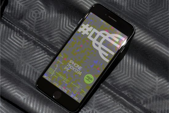 Smartphone mockup with digital artwork screen on textured fabric background, showcasing phone display design for digital asset marketplace.