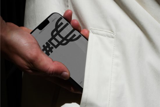 Person holding smartphone with graphic design mockup, modern branding in natural light, digital asset for design visualization.