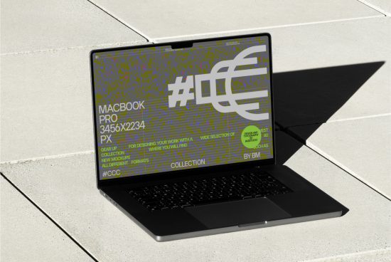 Laptop with graphic design mockup display, modern MacBook Pro on outdoor tiles, showcasing digital art, realistic template for designers.