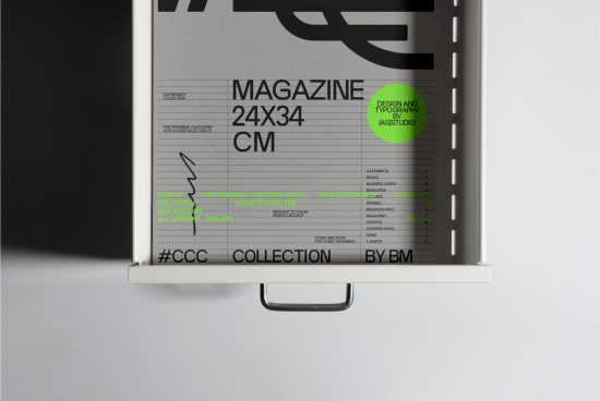 Magazine mockup on display rack, showcasing design and typography, 24x34 cm, ideal for presentations and portfolios in graphic design.