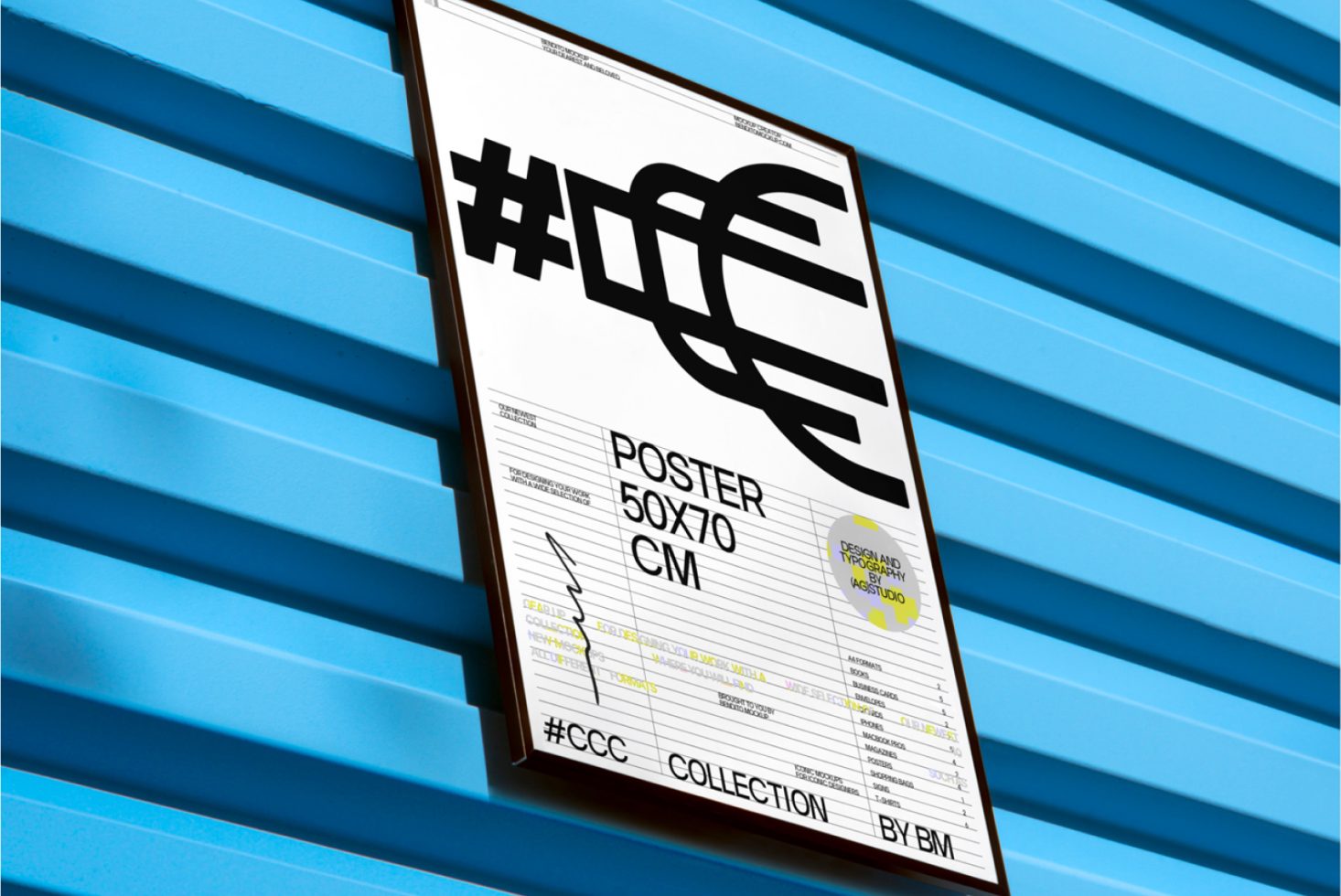 Modern poster mockup angled on blue corrugated metal wall ideal for design display, graphics showcase, and branding presentation for designers.