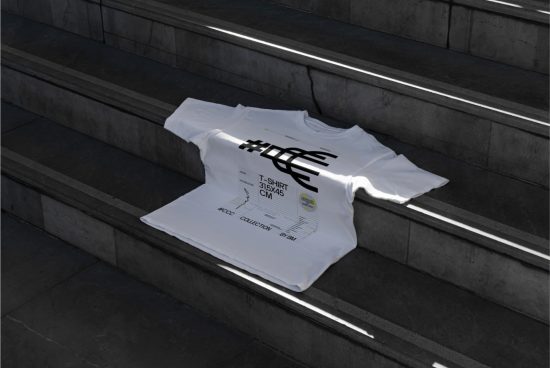 White t-shirt mockup with a modern design on dark stair steps, ideal for presenting apparel graphics to clients or online stores.