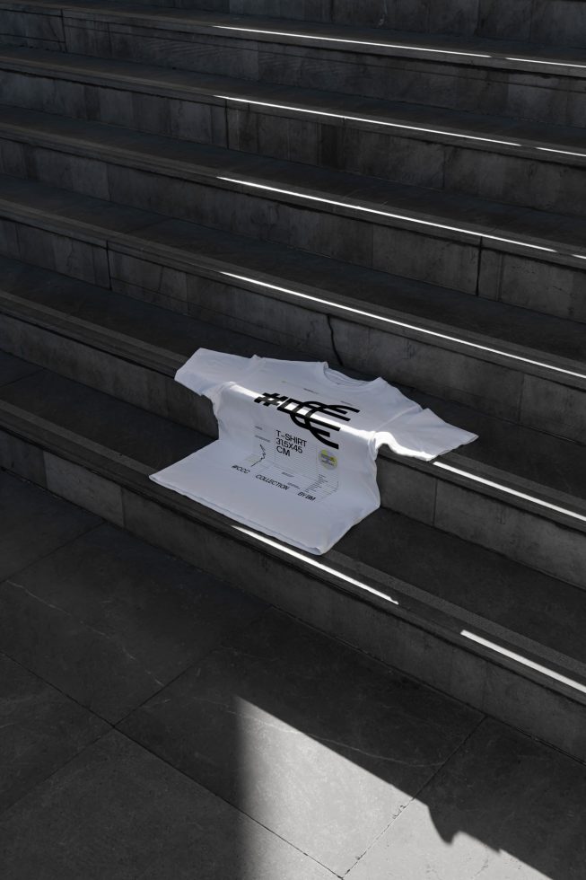 White t-shirt mockup on outdoor stone stairs, realistic shadows with urban vibe, ideal for apparel design display.