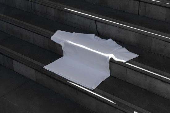 Blank white t-shirt mockup on dark steps with natural lighting for graphic design apparel presentation.
