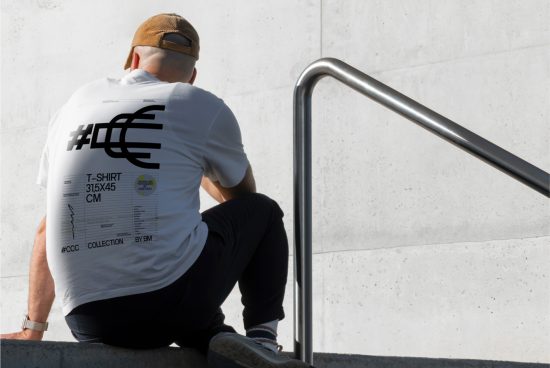 Man sitting on stairs wearing white graphic t-shirt for apparel mockup, urban setting, back view, t-shirt design display.