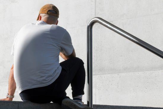 Man sitting on stairs in sunlight for lifestyle mockup, casual wear template for t-shirt design, clear space for branding, urban backdrop.