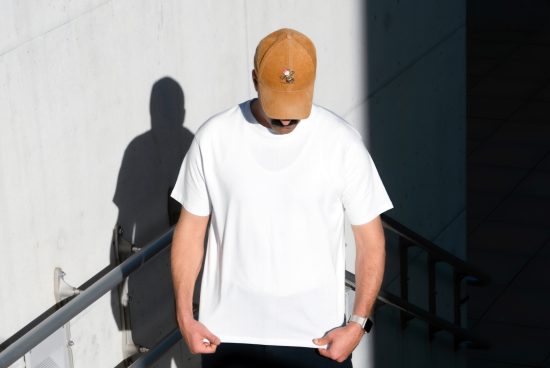 Man in plain white t-shirt and cap mockup for design presentation, urban setting with strong shadows, ideal for clothing templates.
