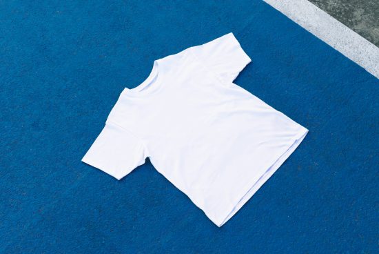 White blank t-shirt mockup on blue textured background, top view, apparel design template for graphic display.