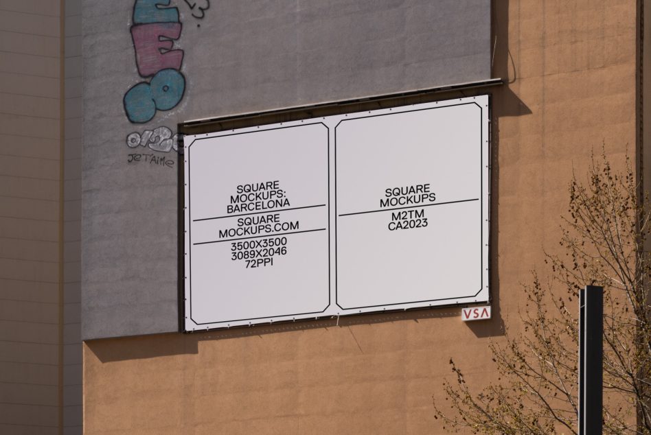 White dual square sign mockup on tan storefront with street art backdrop