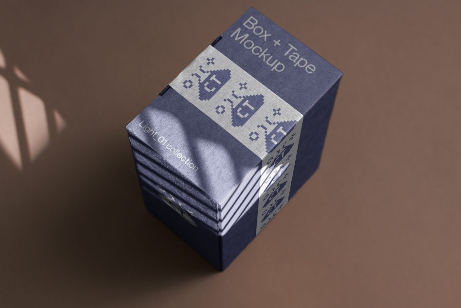 Navy box with taped white band mockup showing multiple wrapped items stacked