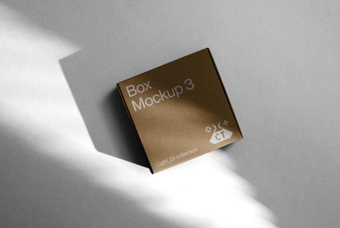 Olive brown cube box mockup with natural light shadow on white background