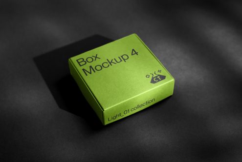 Lime green square box mockup with matte texture on dark gray background