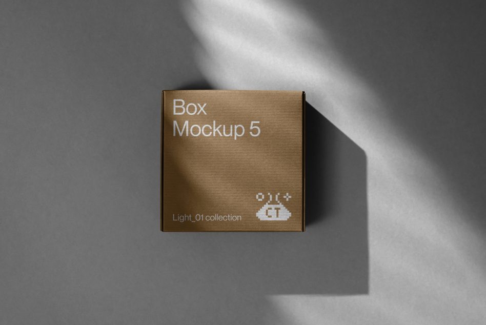 Kraft brown corrugated box with white text on gray surface