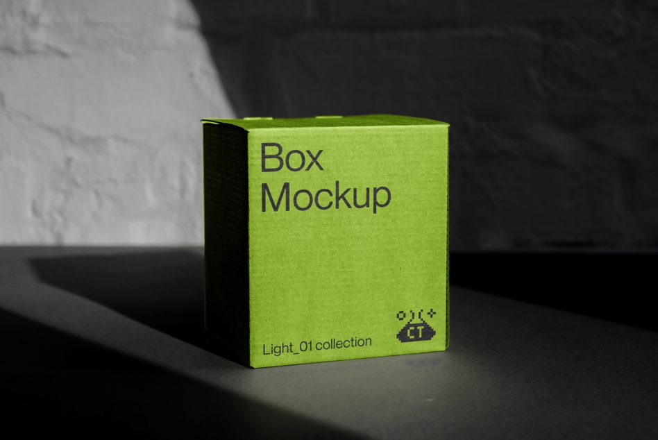 Lime green cube box mockup shown from angled perspective with soft shadows