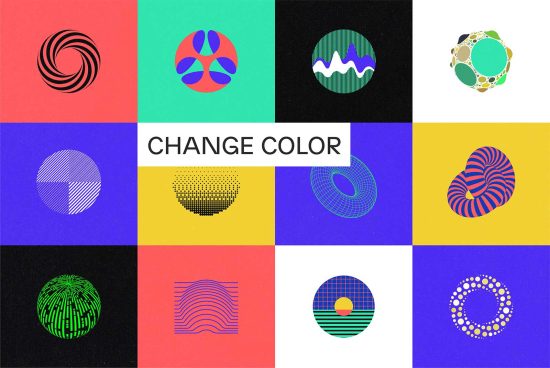 Colorful abstract shapes graphic design template with text "Change Color", ideal for modern design projects, backgrounds, and mockups.