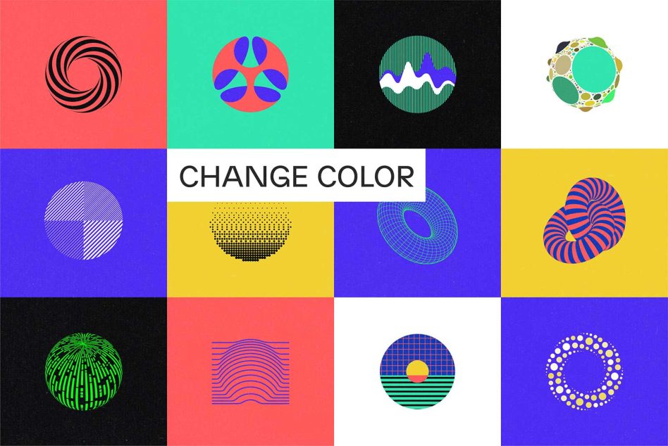 Colorful abstract shapes graphic design template with text "Change Color", ideal for modern design projects, backgrounds, and mockups.