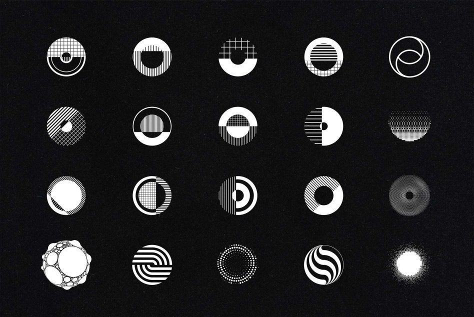 Variety of 20 abstract geometric circle designs on a black background, perfect for mockups, graphics, and modern template elements.