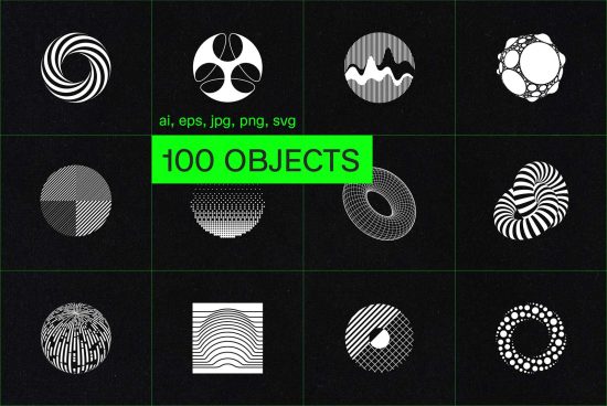 Collection of 100 geometric objects in various styles for graphic design available in ai, eps, jpg, png, svg formats on black background.
