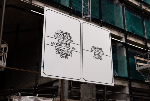 Dual white square sign mockup on industrial Barcelona building facade