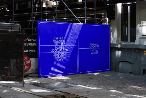 Neon blue glowing two-panel square billboard mockup on city street construction background
