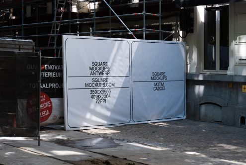Two-panel square billboard mockup on urban construction site in white with text overlay