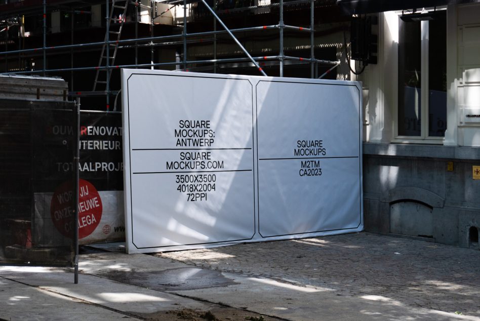 Two-panel square billboard mockup on urban construction site in white with text overlay