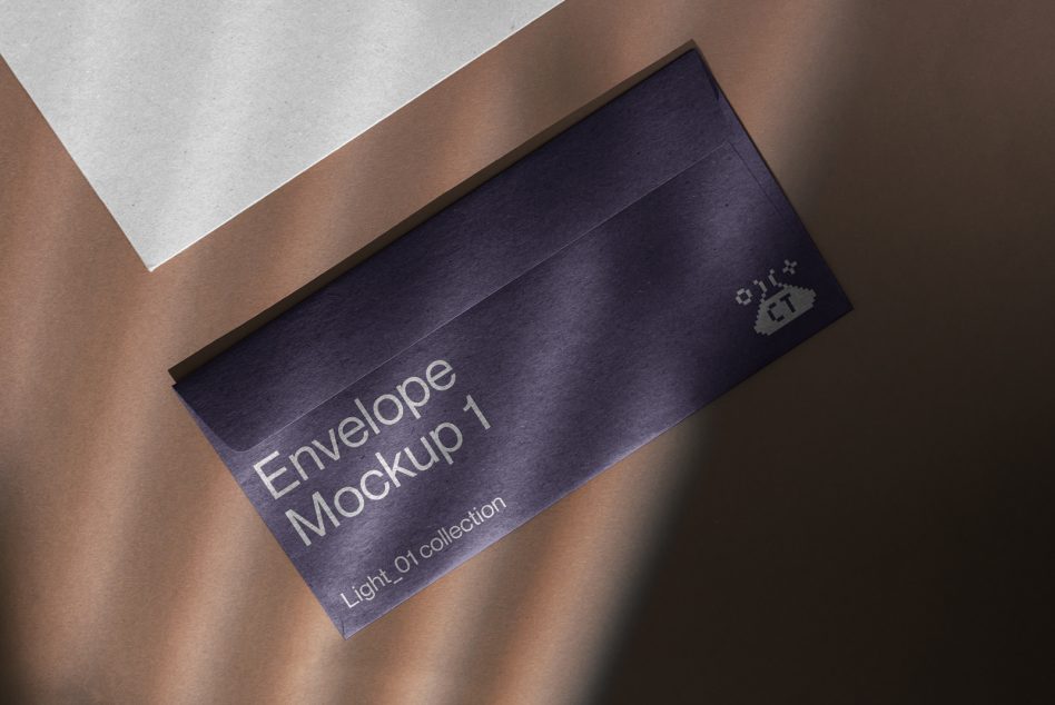 Navy blue envelope mockup flat lay with shadows
