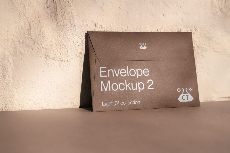Taupe envelope mockup with white text on textured background