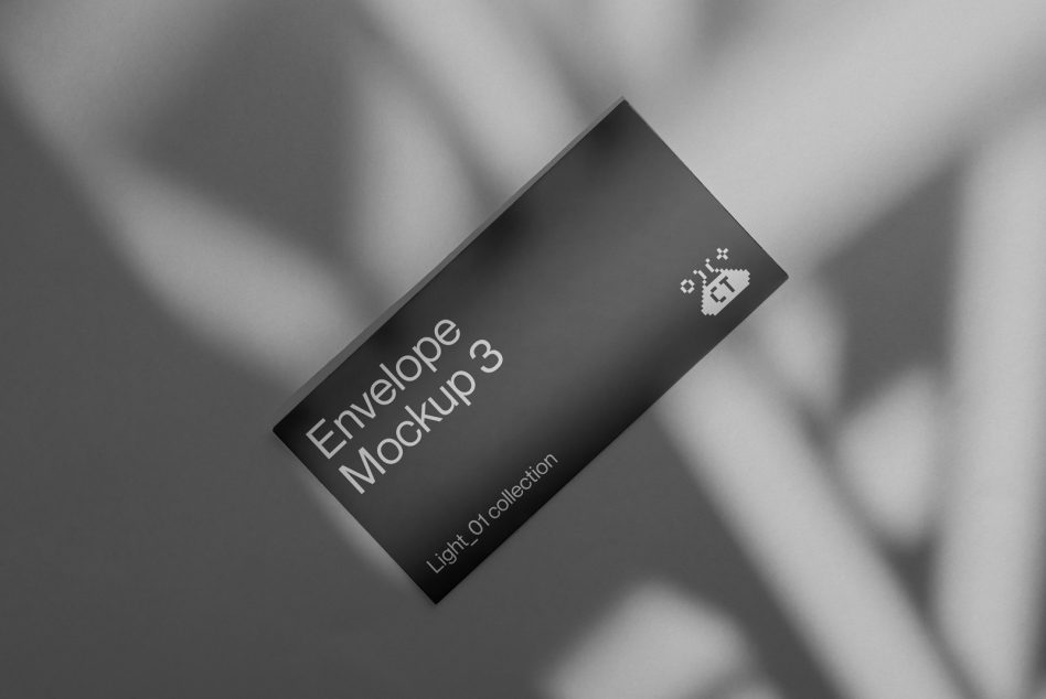 Dark charcoal envelope mockup floating with dramatic window light shadows