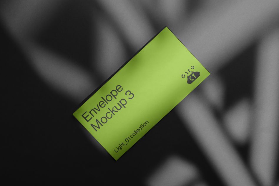 Bright lime green envelope mockup angled with striped shadow overlay