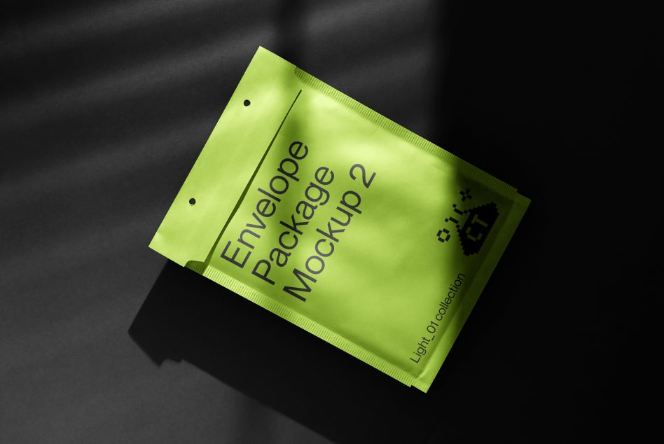 Neon green envelope mockup with punched holes on dark moody background