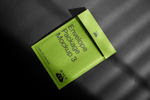 Bright lime green box with black lid showing envelope package mockup design