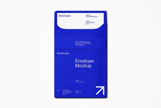 Professional blue envelope mockup with white label design for branding presentations, stationary, and marketing materials.