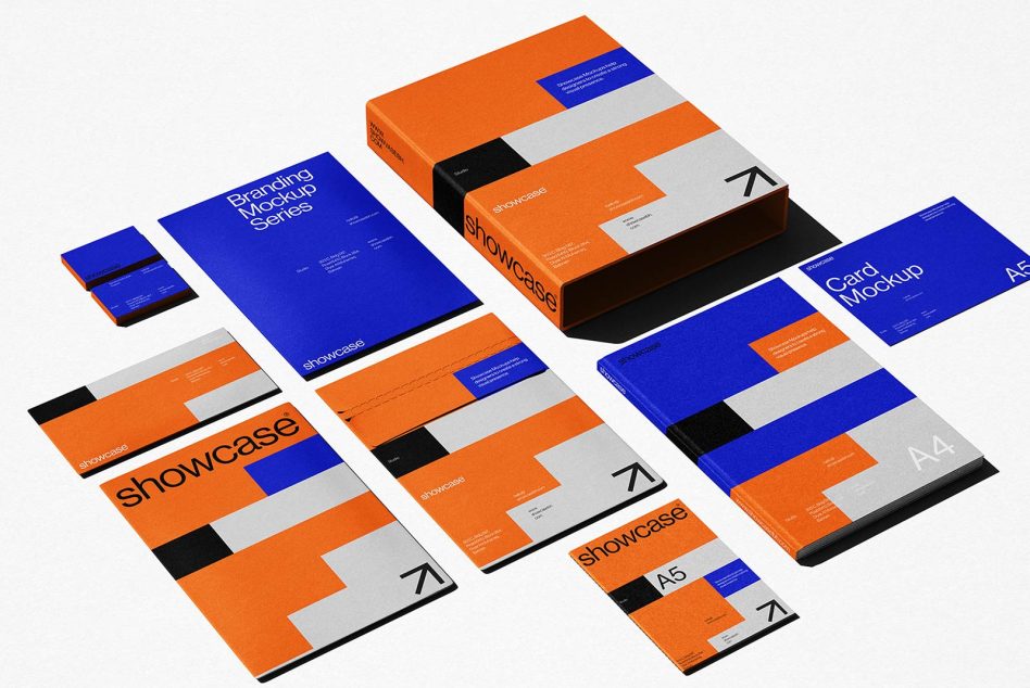 Complete branding series layout with business cards, letterhead, folders, boxes in blue, orange palette