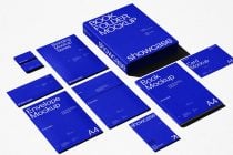 Blue branding mockup series for designers including book folder, card, and envelope presentations, ideal for showcasing corporate identities.