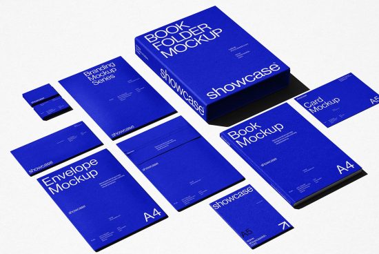 Blue branding mockup series for designers including book folder, card, and envelope presentations, ideal for showcasing corporate identities.